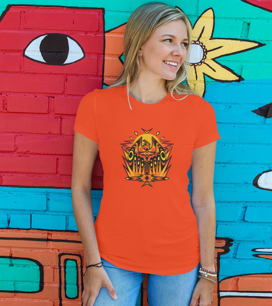 Howl Out Golden Eagle Rises Tribal Pattern On Bold Orange Background T-Shirt