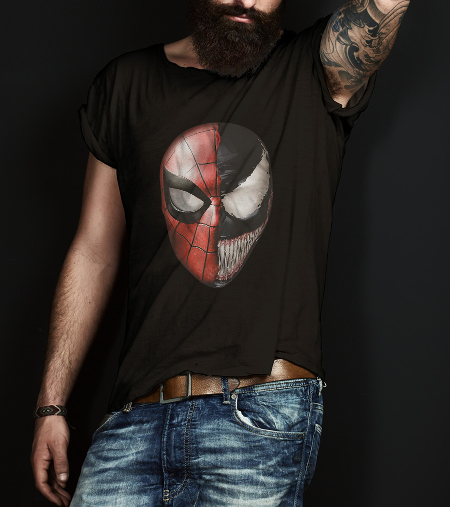 Venom Spidey Faces Split Mask Spider-Man Avengers Villain Comic Book T-Shirt