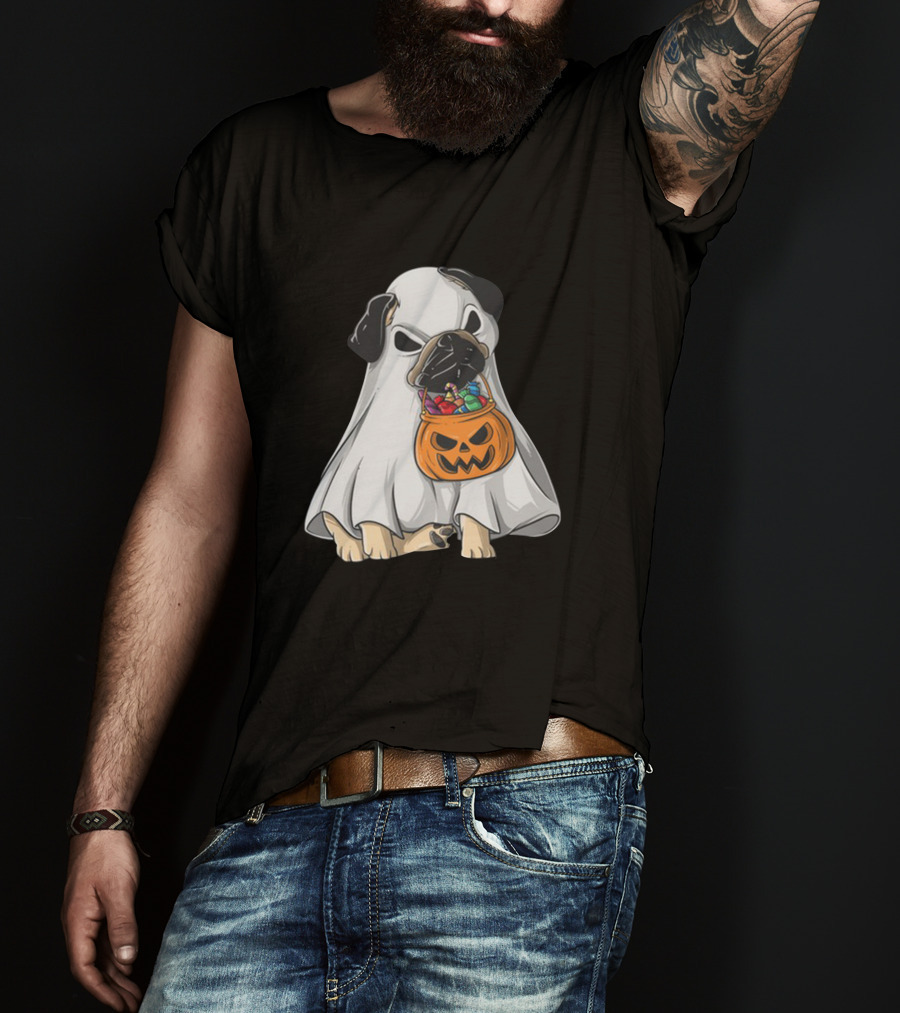 Bestee Shops Ghost Pug With Halloween Candy Bucket T-Shirt
