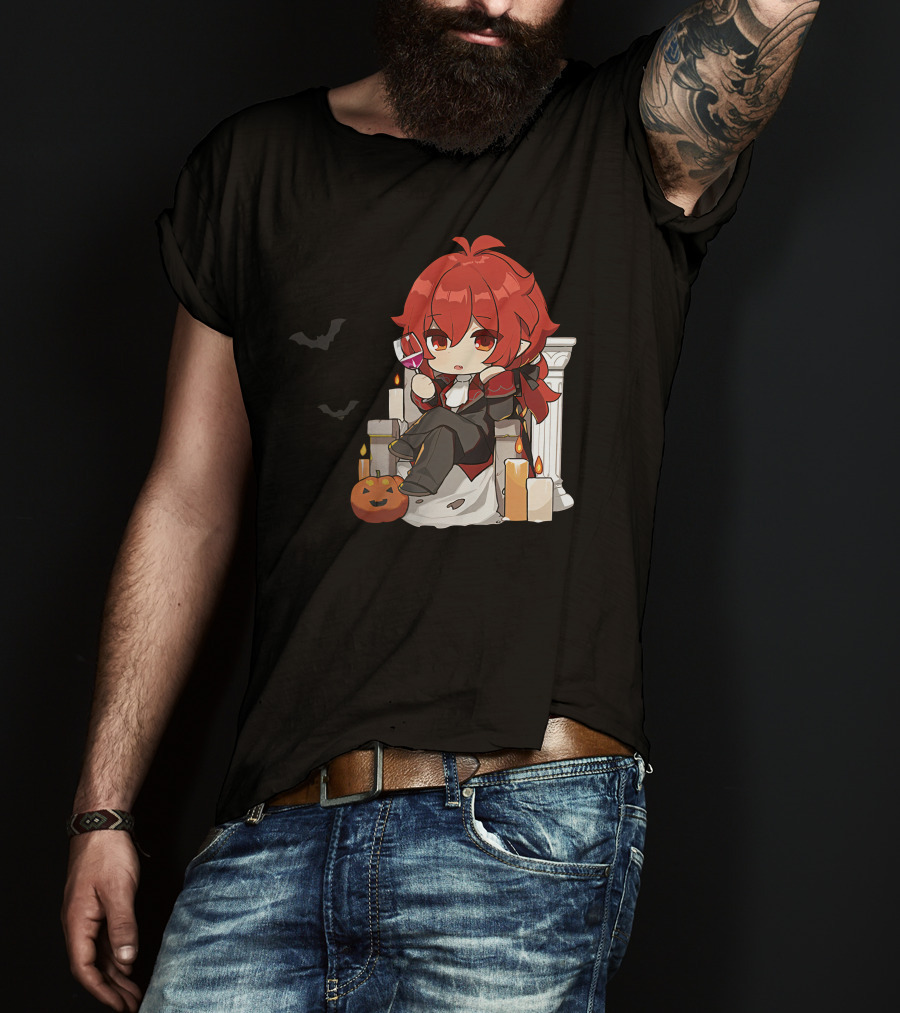 Genshin Impact Diluc Halloween Sitting With Wine And Jack-o'-Lantern T-Shirt