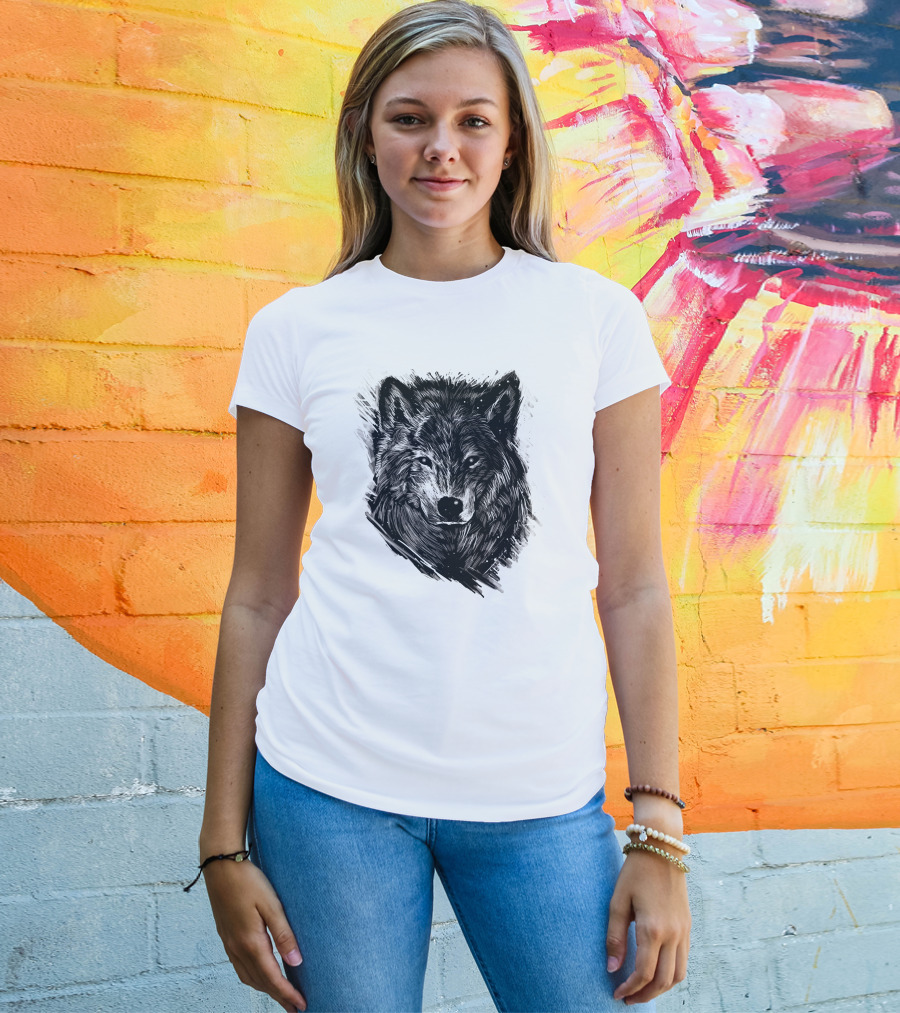 Wolf Sketch Black And White Drawing T-Shirt