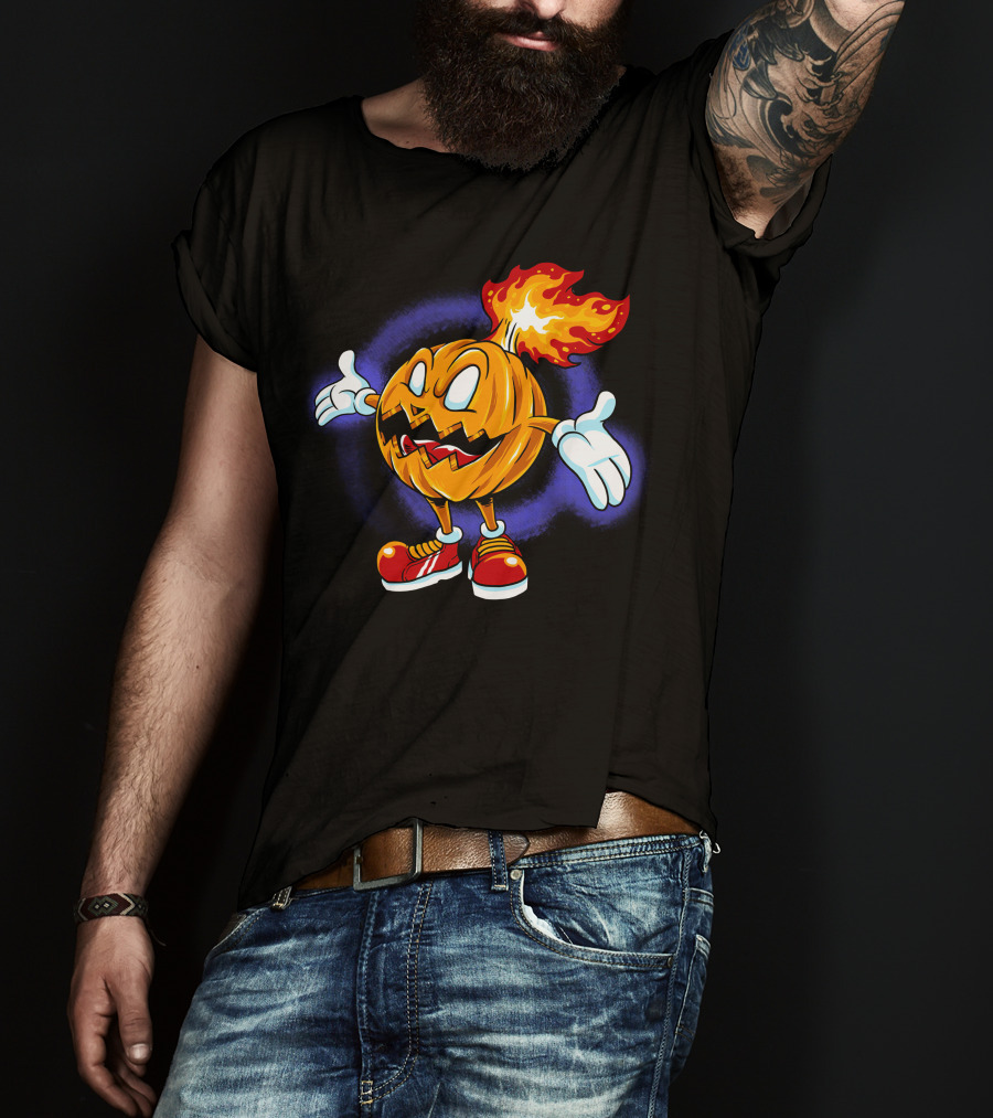 Halloween Pumpkin Fiery Character With Sneakers T-Shirt