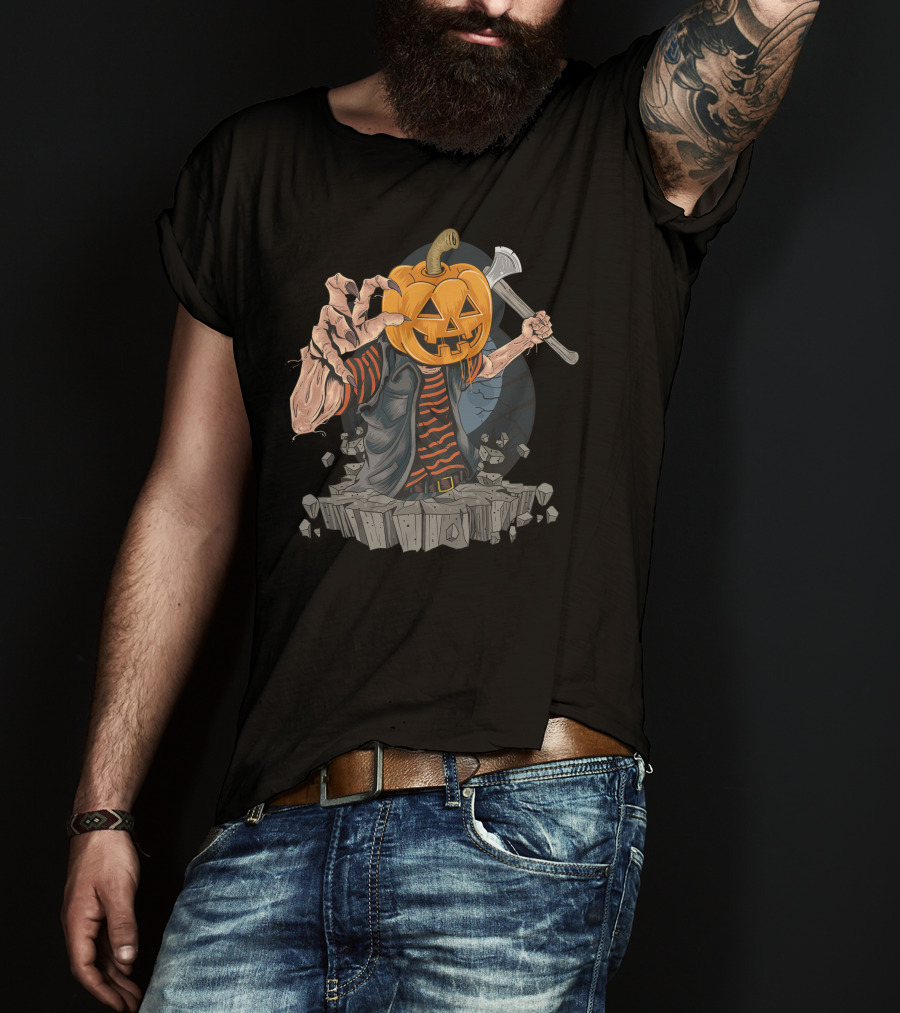 Pumpkin Head Zombie With Axe And Striped Shirt Emerging From Ground T-Shirt