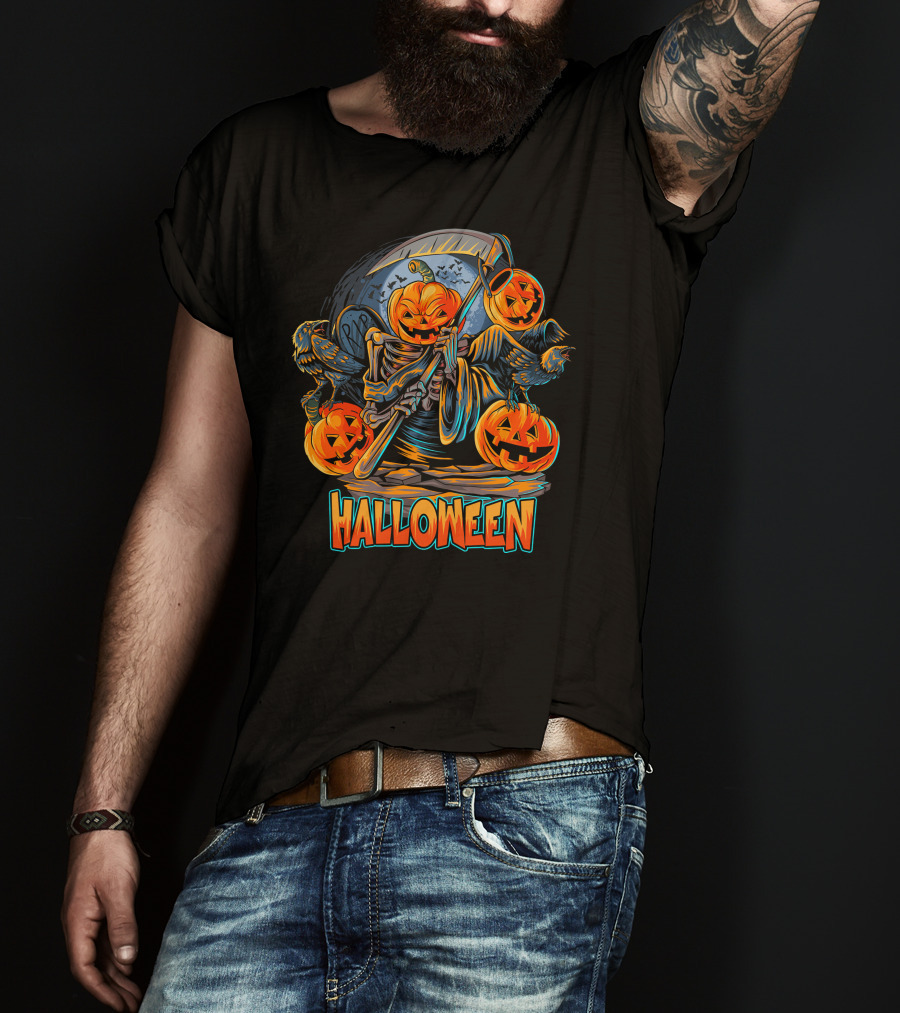 Grim Reaper Jack-O'-Lantern With Scythe And Ravens Halloween Scene T-Shirt