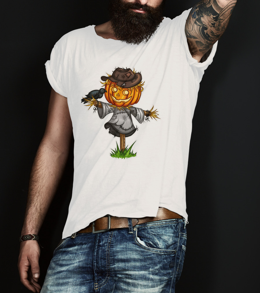 Scarecrow Halloween Pumpkin Head With Crow And Tattered Hat T-Shirt