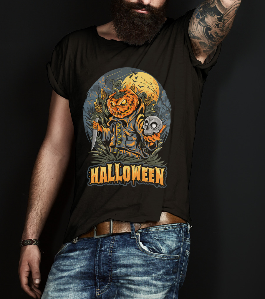 Halloween Pumpkin Head With Knife And Skull In Cornfield Scene T-Shirt