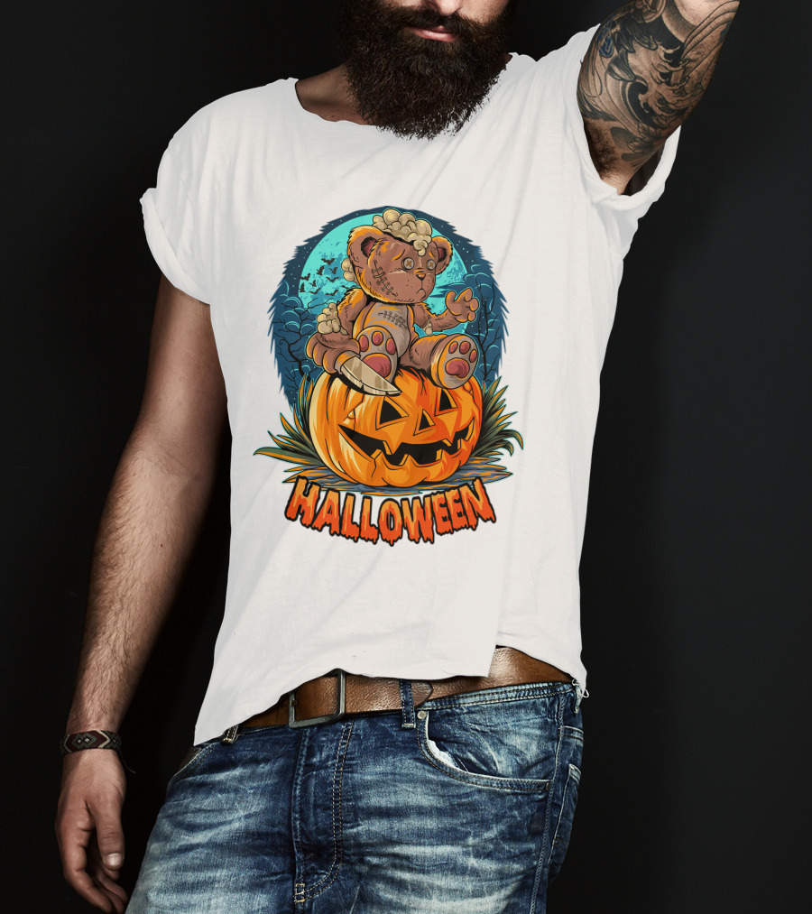 Halloween Teddy Bear On Pumpkin With Moon And Bats T-Shirt