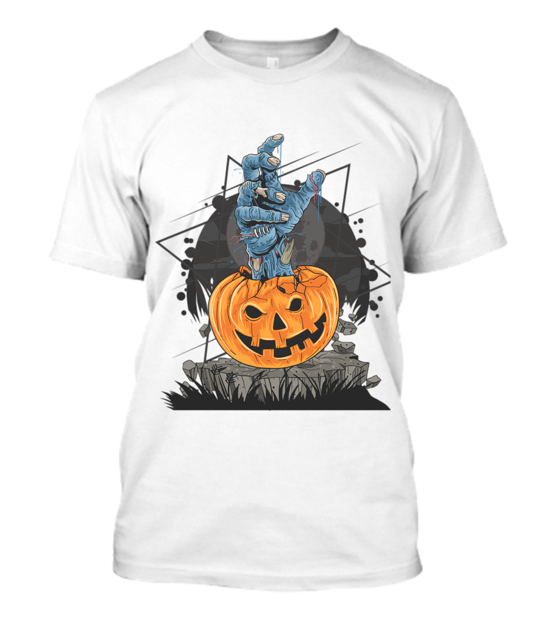 Zombie Hand Emerging From Pumpkin With Spooky Halloween Moon Background T-Shirt