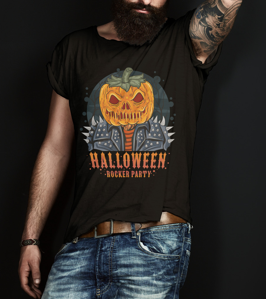 Halloween Rocker Party Pumpkin Head Spiked Jacket T-Shirt