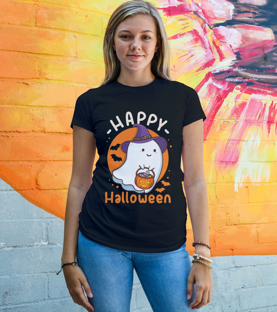 Happy Halloween Ghost With Pumpkin And Witch Hat T-Shirt
