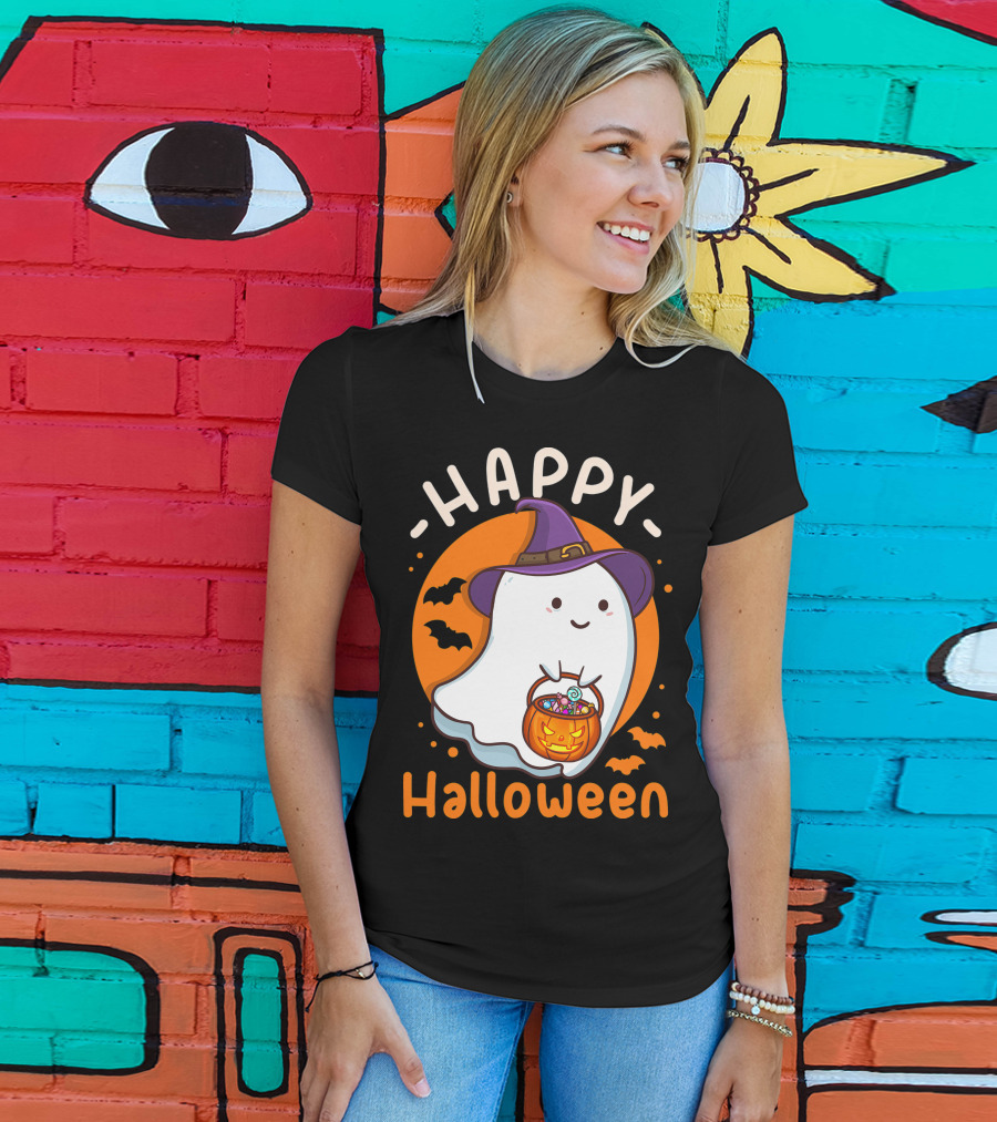 Happy Halloween Ghost With Pumpkin And Witch Hat T-Shirt