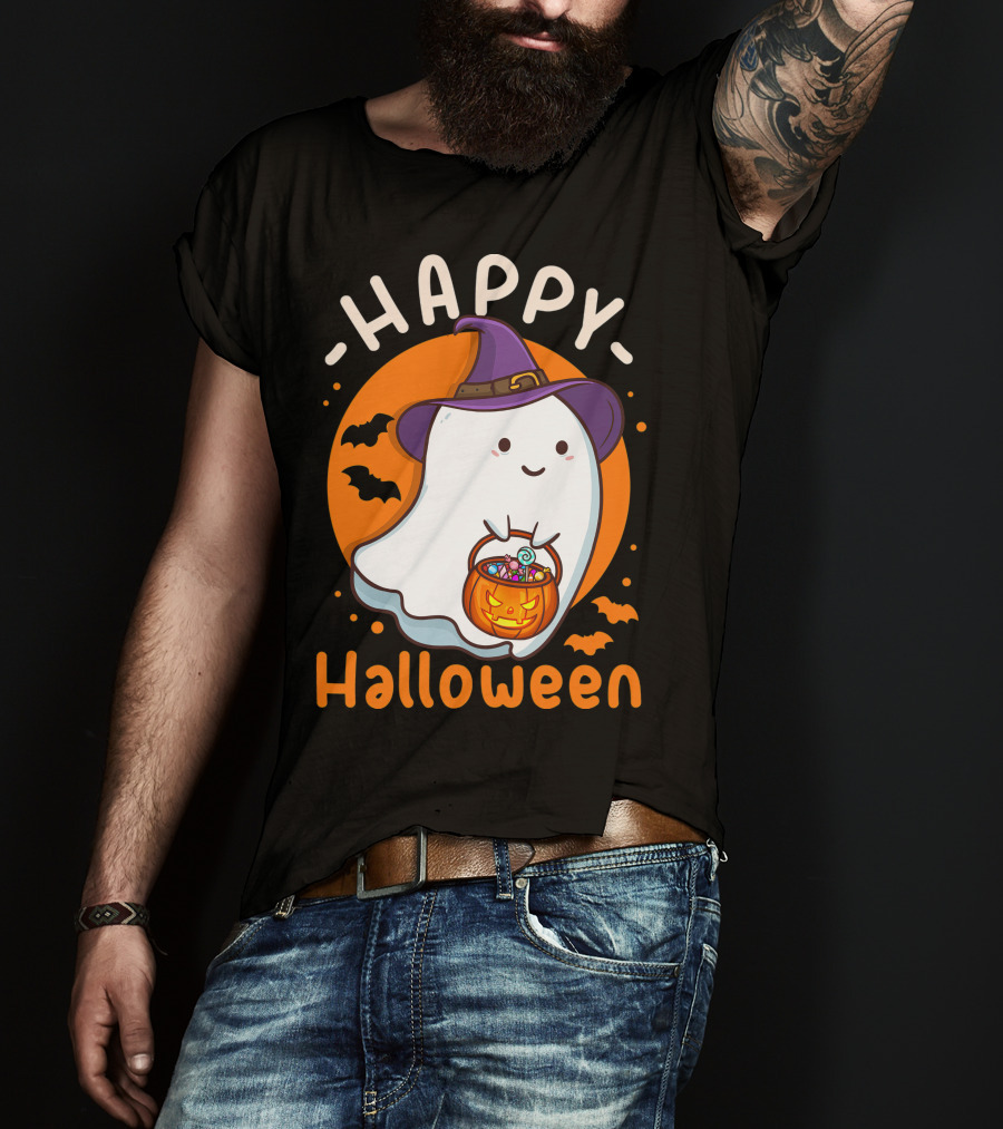 Happy Halloween Ghost With Pumpkin And Witch Hat T-Shirt