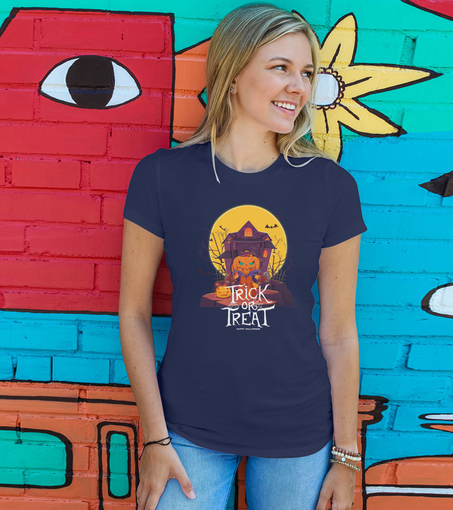 Halloween Trick Or Treat Happy Halloween Haunted House Pumpkin Bats T-Shirt