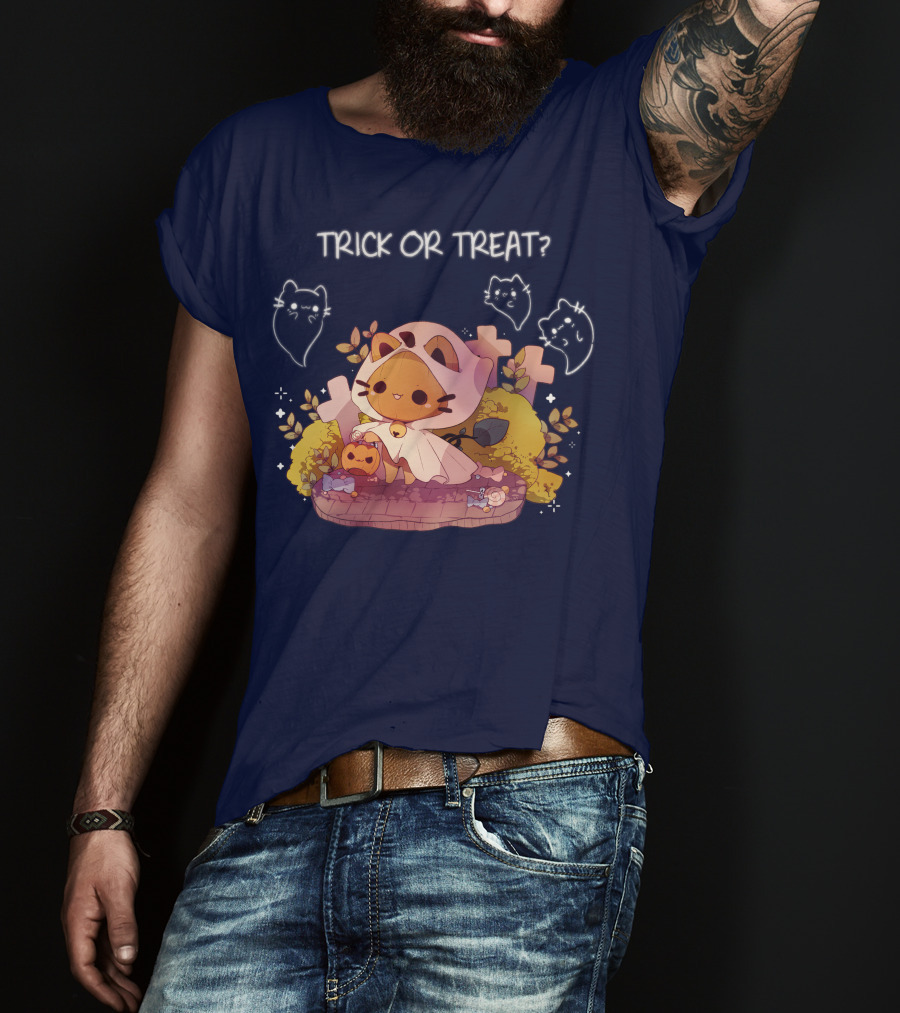 Trick Or Treat Kitty Ghost With Pumpkin And Crosses T-Shirt