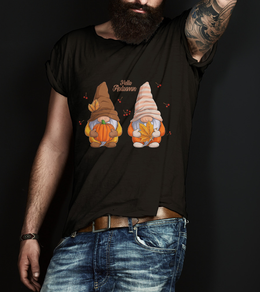Hello Autumn Gnomes With Pumpkin And Leaf T-Shirt