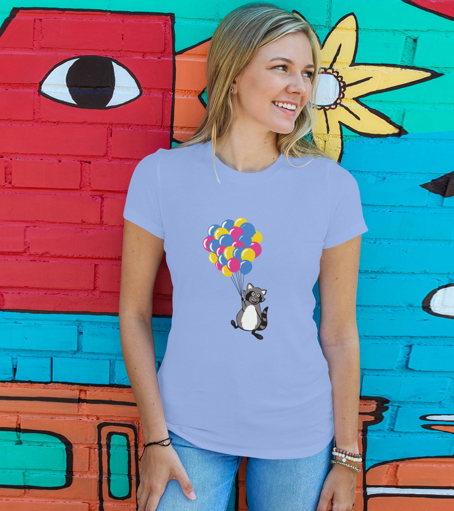 Raccoon Flying With Colorful Balloons T-Shirt