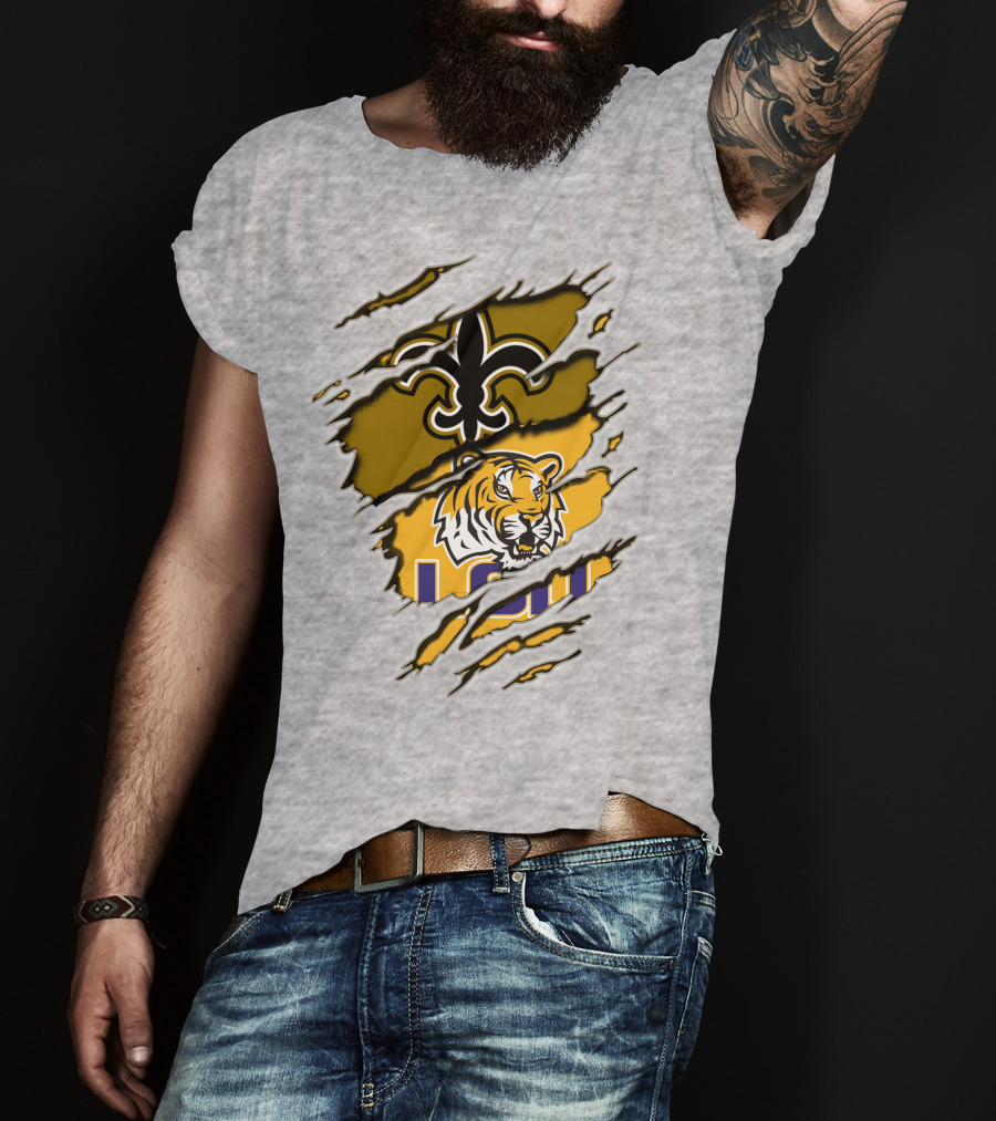 Saints Fleur-de-Lis And LSU Tiger Logo Combination T-Shirt