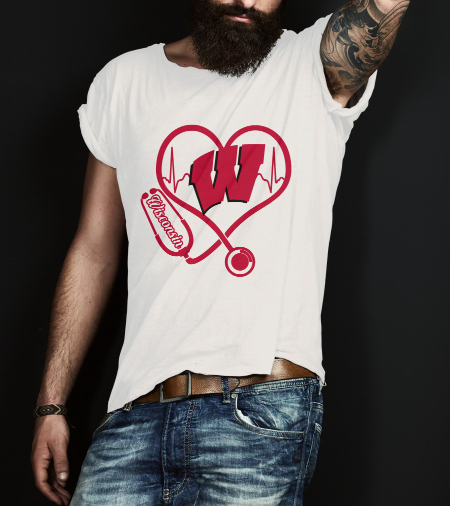Nurse Love Wisconsin Badgers Heartbeat Stethoscope T-Shirt