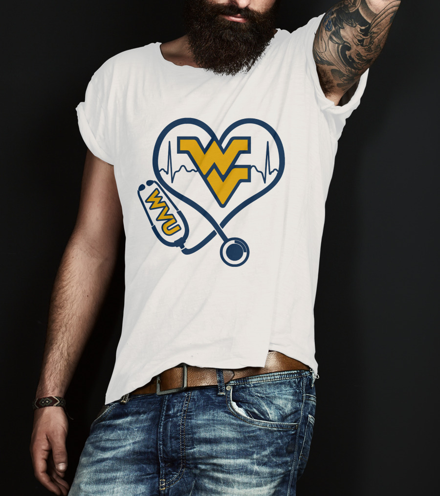 West Virginia Mountaineers Nurse Love WVU Stethoscope Heartbeat T-Shirt