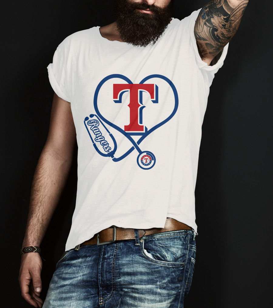 Nurse Love Texas Rangers Stethoscope Heart T-Shirt