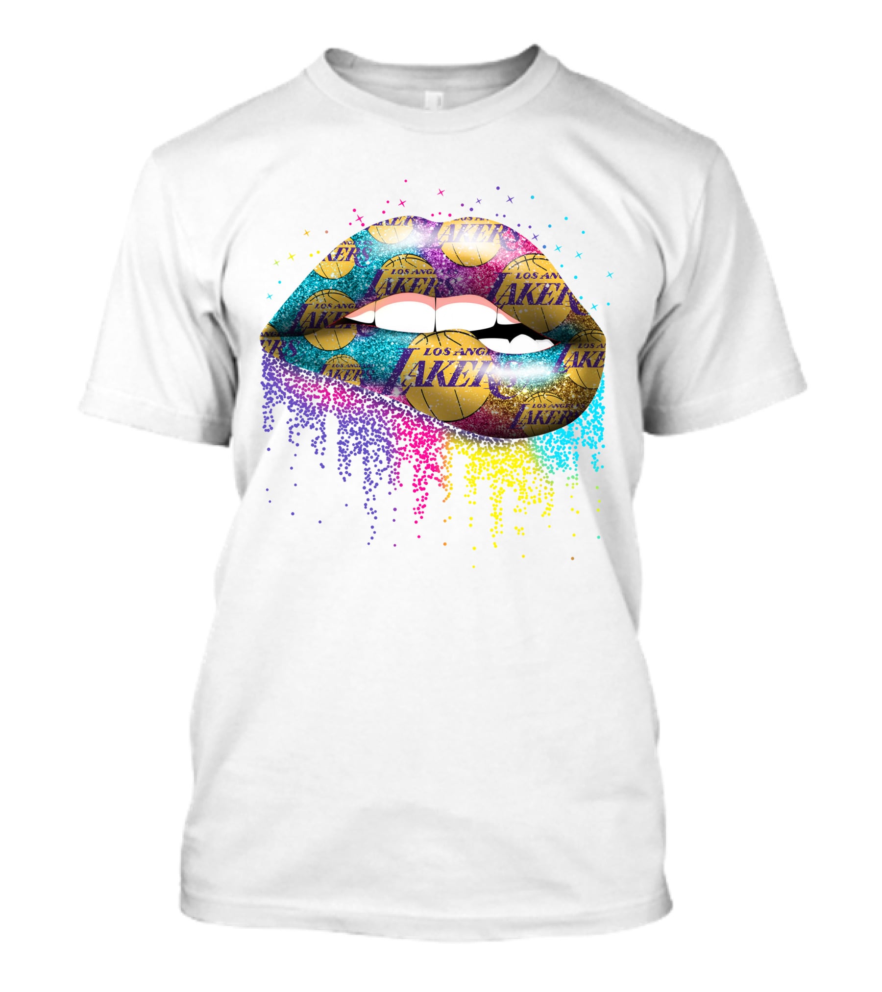 Lips Los Angeles Lakers Basketball Logo Glitter T-Shirt