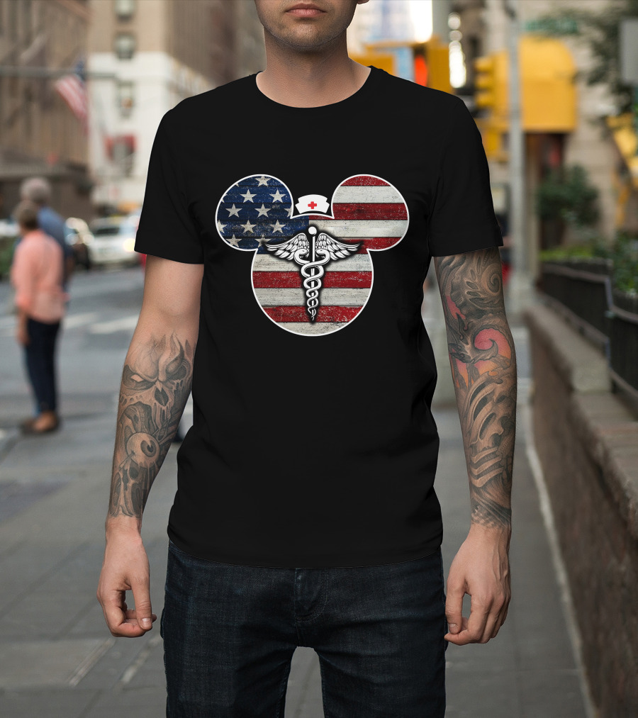 Patriotic Nurse Mickey With Caduceus And American Flag Elements T-Shirt