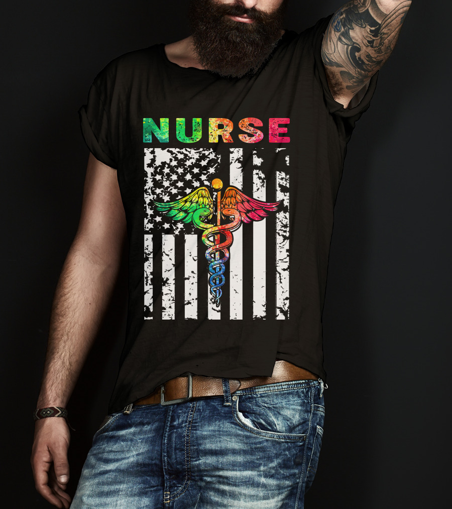 Nurse Usa Flag With Rainbow Caduceus Symbol T-Shirt
