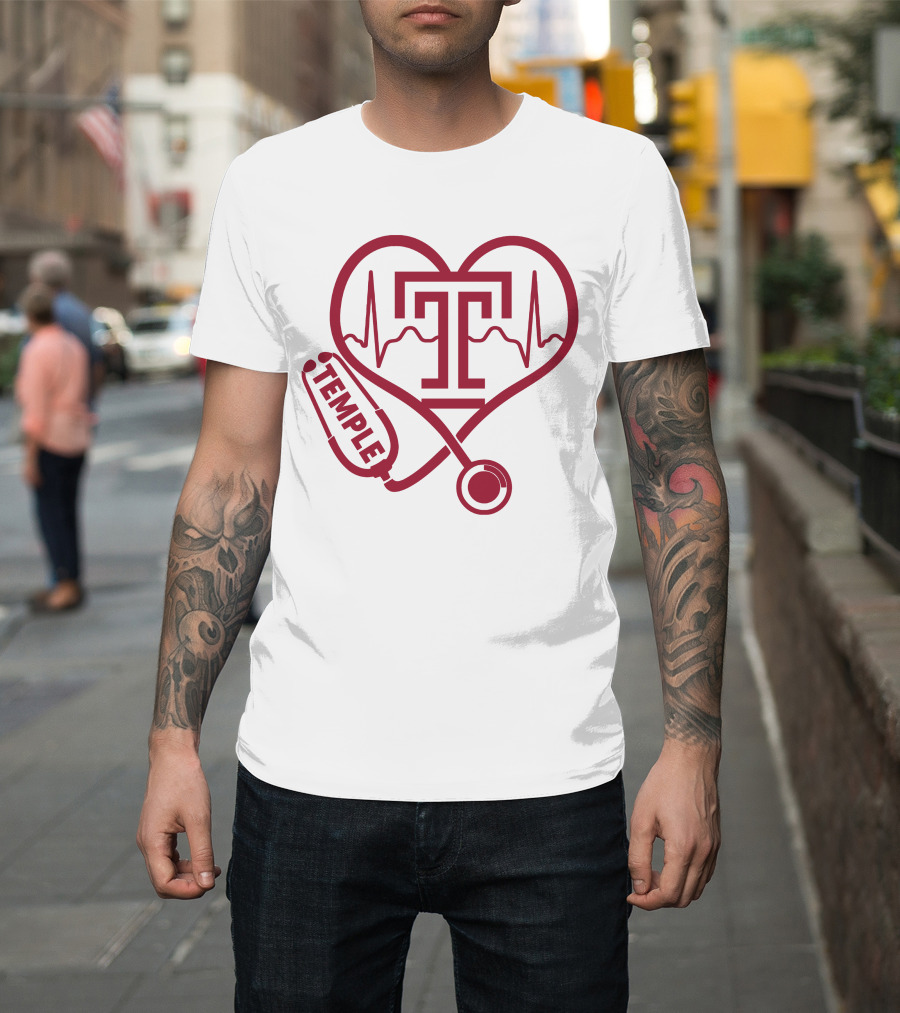 Nurse Love Temple Owls Football Stethoscope Heartbeat T-Shirt