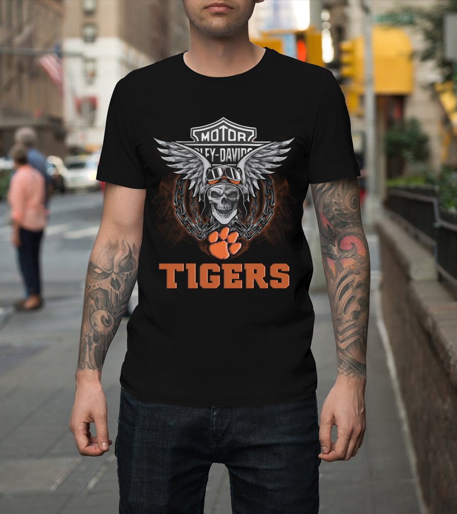 Harley Davidson Motor Clemson Tigers Wings Skull T-Shirt