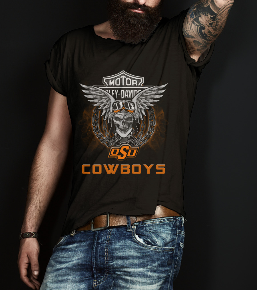 Harley Davidson Osu Cowboys Skull And Wings Graphic Motor T-Shirt