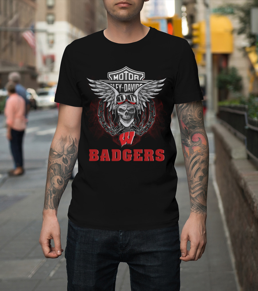 Harley Davidson Motor Skull Wing Wisconsin Badgers T-Shirt