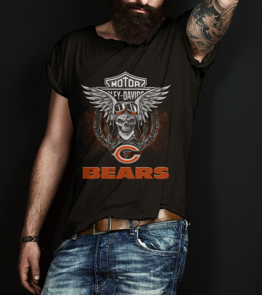 Harley Davidson Motorcycle Biker Winged Skull Nfl Chicago Bears T-Shirt
