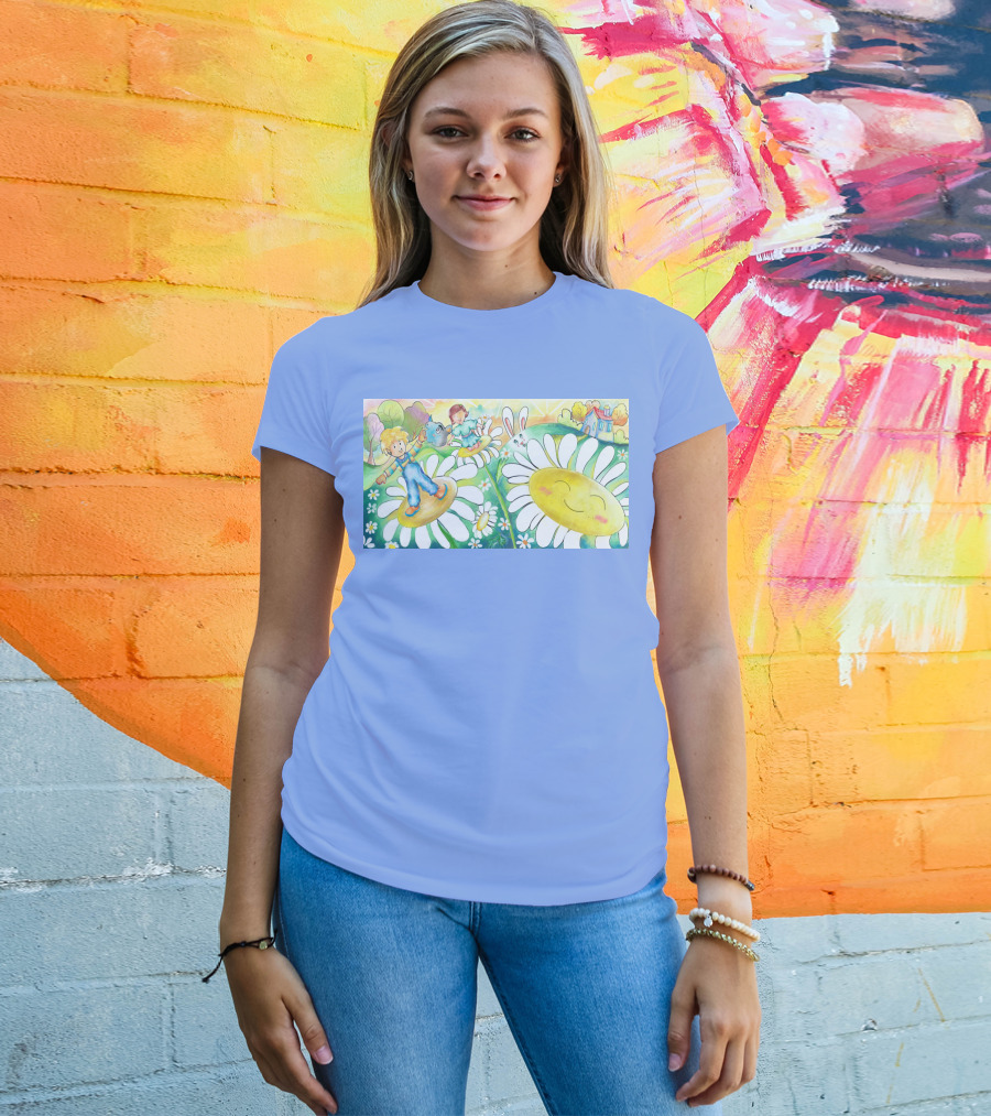 Lodo Happy Sunflower Meadows With Kids And Bunny In A Vibrant Landscape T-Shirt