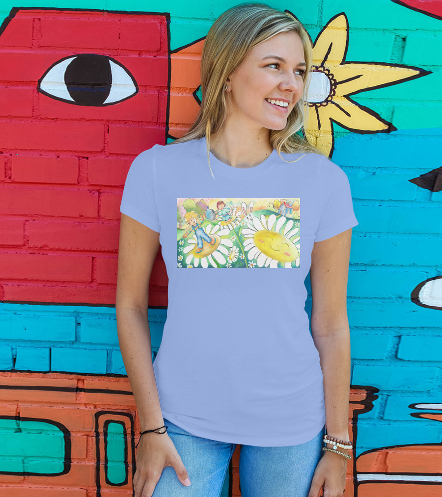 Lodo Happy Sunflower Meadows With Kids And Bunny In A Vibrant Landscape T-Shirt