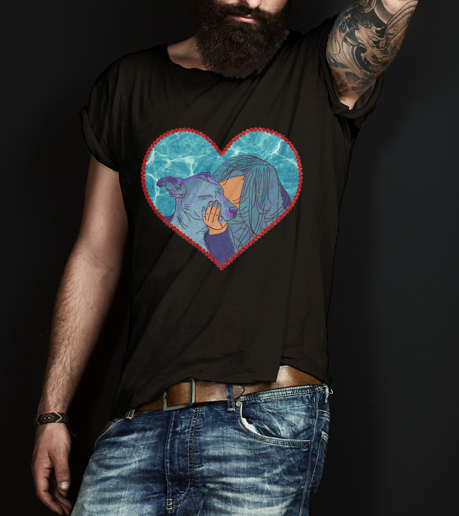 Adopt Don't Shop Heart Embrace Of Woman And Dog In Blue And Red Heart T-Shirt