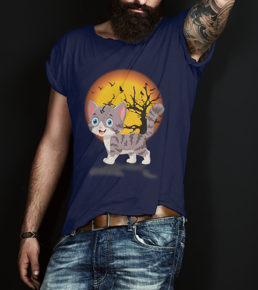 Cute Kittens Halloween Night Moonlit Landscape T-Shirt