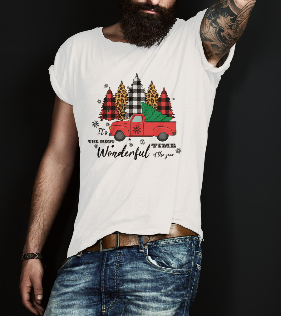 It's The Most Wonderful Time Of The Year Plaid And Leopard Pine Trees Red Truck T-Shirt
