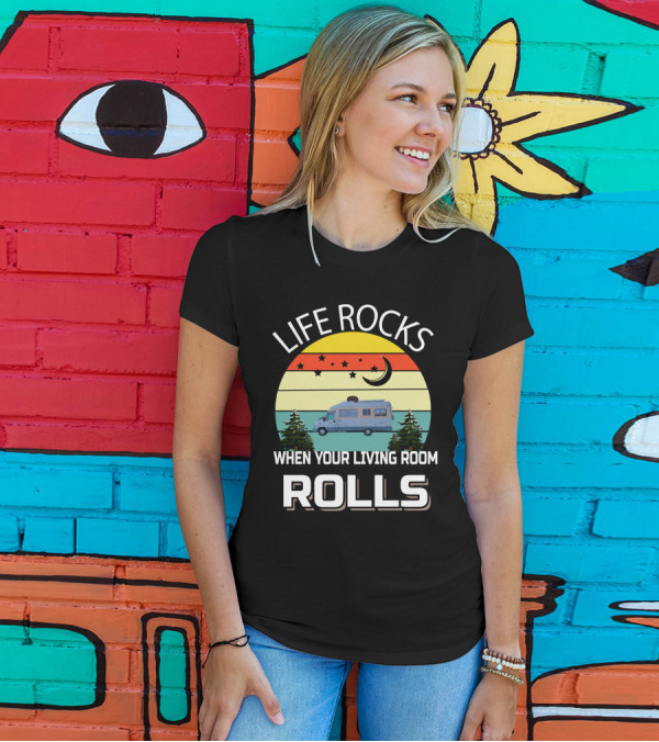 Life Rocks When Your Living Room Rolls Pilote Motorhomes Retro Sunset Campervan Scene T-Shirt
