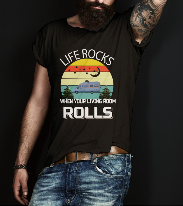Life Rocks When Your Living Room Rolls Pilote Motorhomes Retro Sunset Campervan Scene T-Shirt