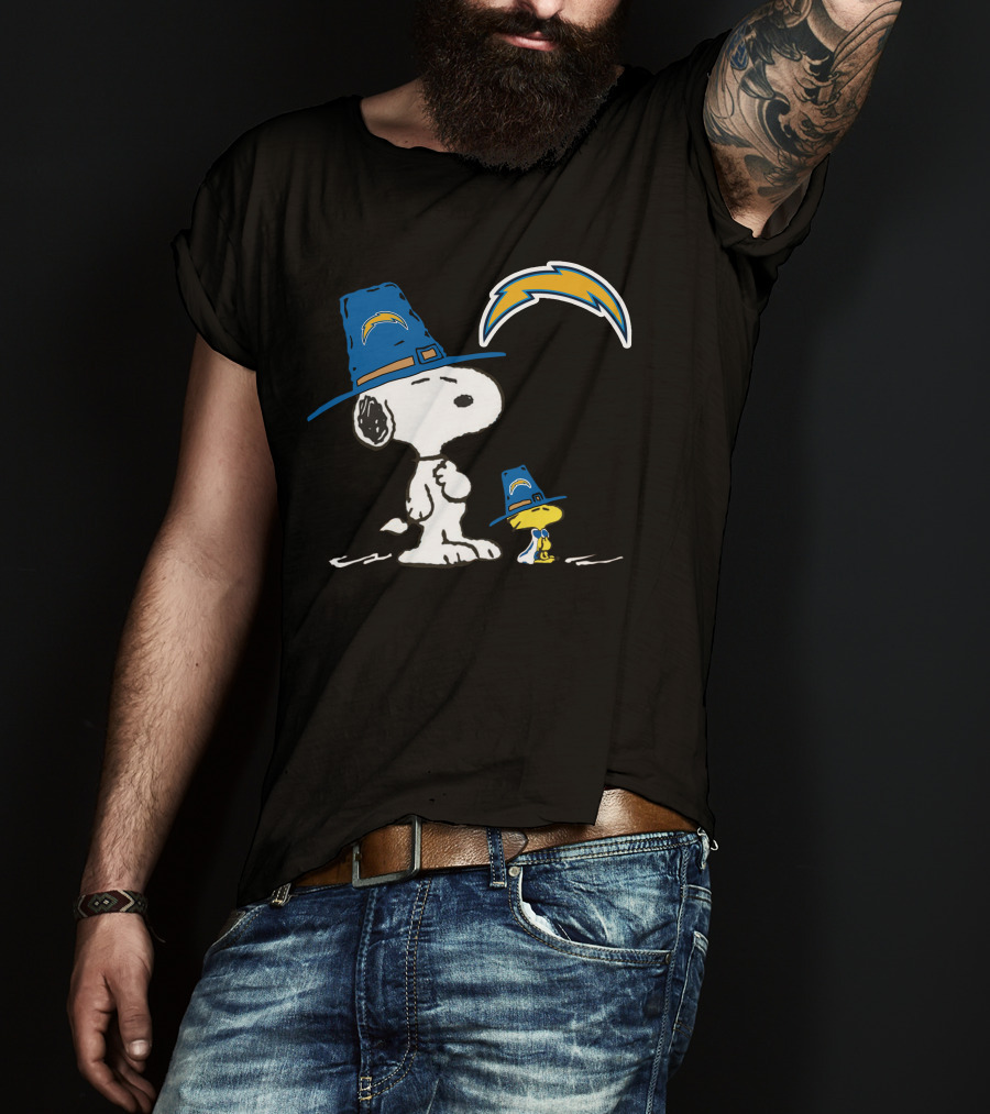Snoopy And Woodstock In Chargers Hats With Lightning Bolt T-Shirt