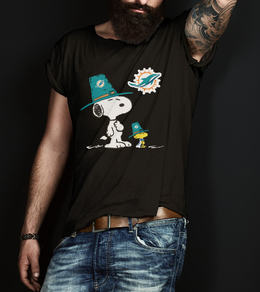 Miami Dolphins Snoopy Woodstock Thanksgiving Football T-Shirt