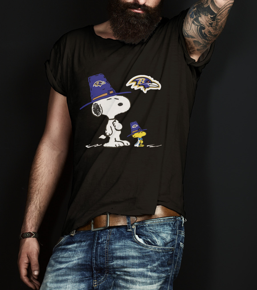 Ravens Snoopy And Woodstock Thanksgiving Pilgrim Hats Nfl Baltimore Ravens T-Shirt