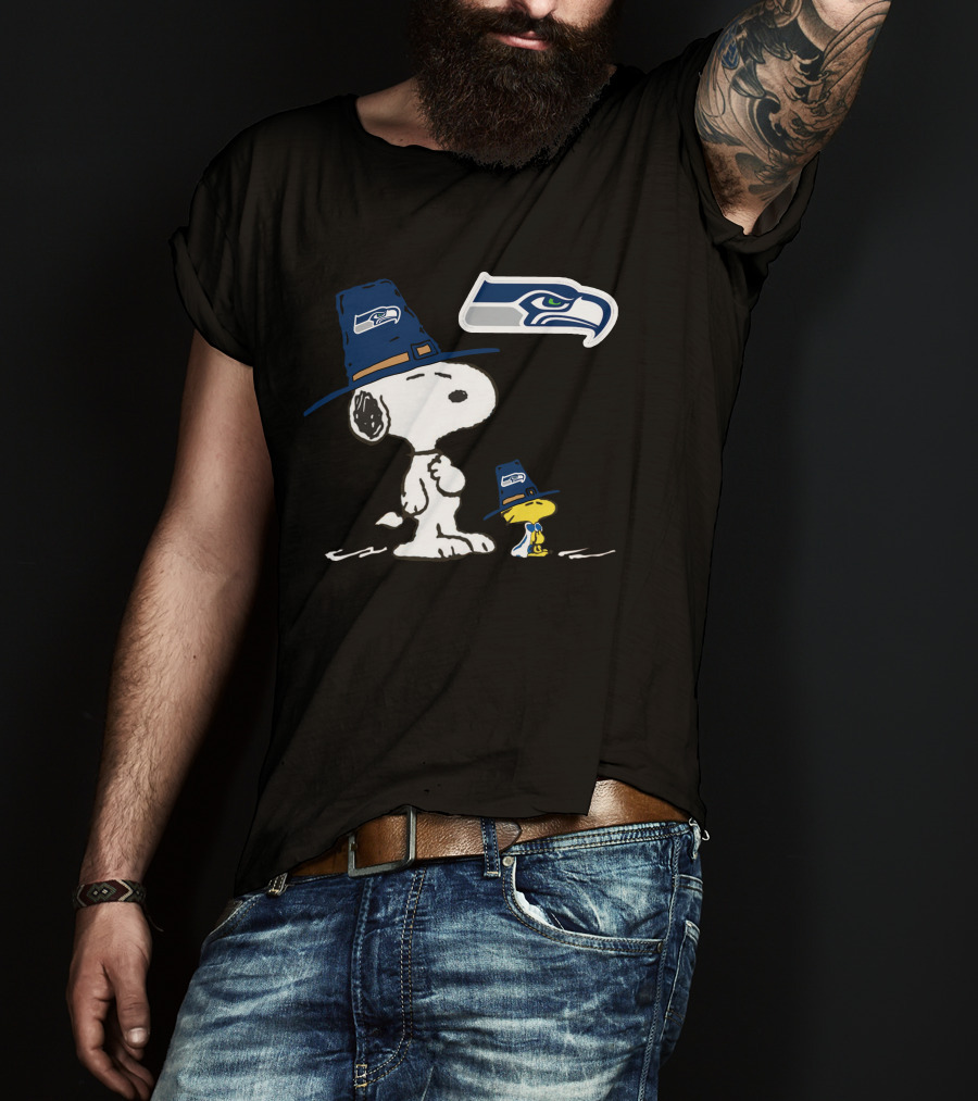 Seahawks Snoopy And Woodstock In Pilgrim Hats T-Shirt