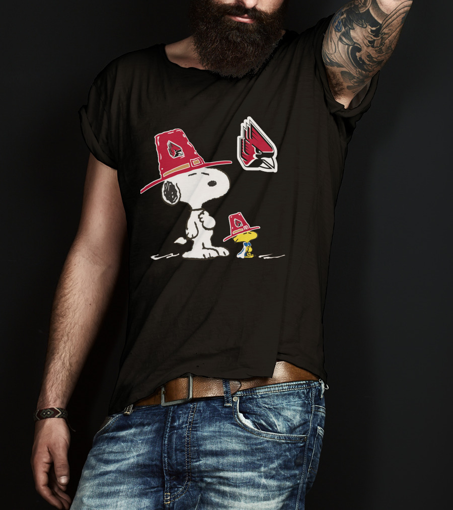 Ball State Cardinals Snoopy And Woodstock Pilgrim Hats Peanuts Sports Collaboration T-Shirt