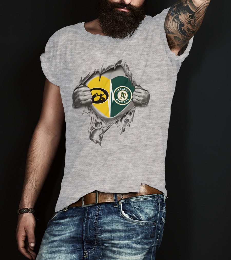 Iowa Hawkeyes Oakland Athletics Heart Design With Tearing Hands T-Shirt
