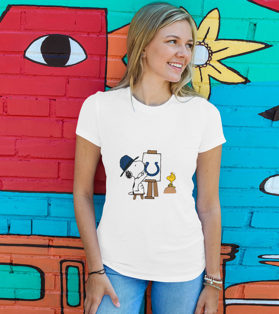 Snoopy Painting Indianapolis Colts Logo With Woodstock T-Shirt