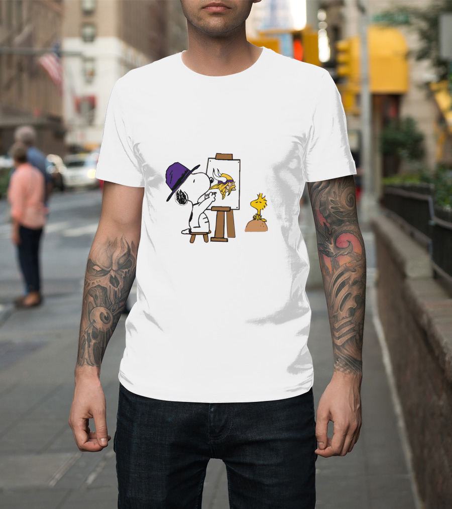 Snoopy Painting Minnesota Vikings Logo With Woodstock T-Shirt