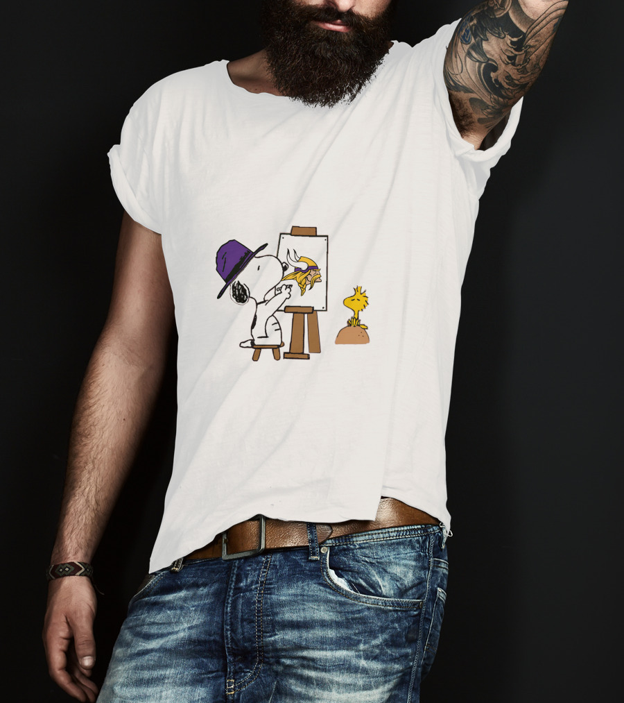 Snoopy Painting Minnesota Vikings Logo With Woodstock T-Shirt