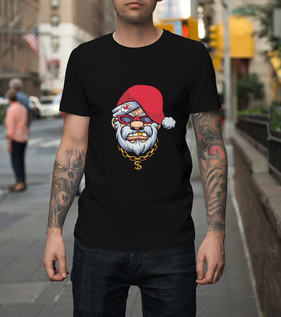 Chiefs Gangster Santa With Chain And Red Hat Sporting Sunglasses And Kansas City T-Shirt