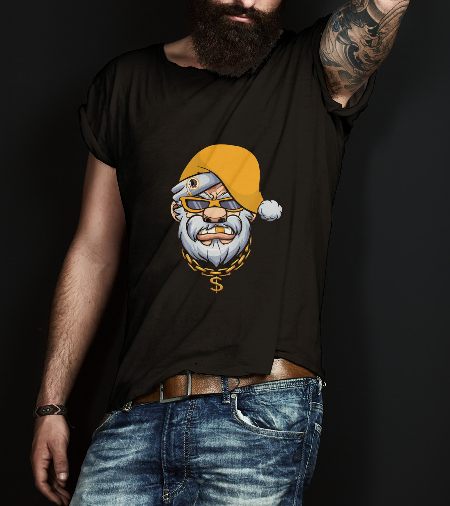 Santa With Gangster Style Gold Hat And Chain Featuring Washington Football Team T-Shirt